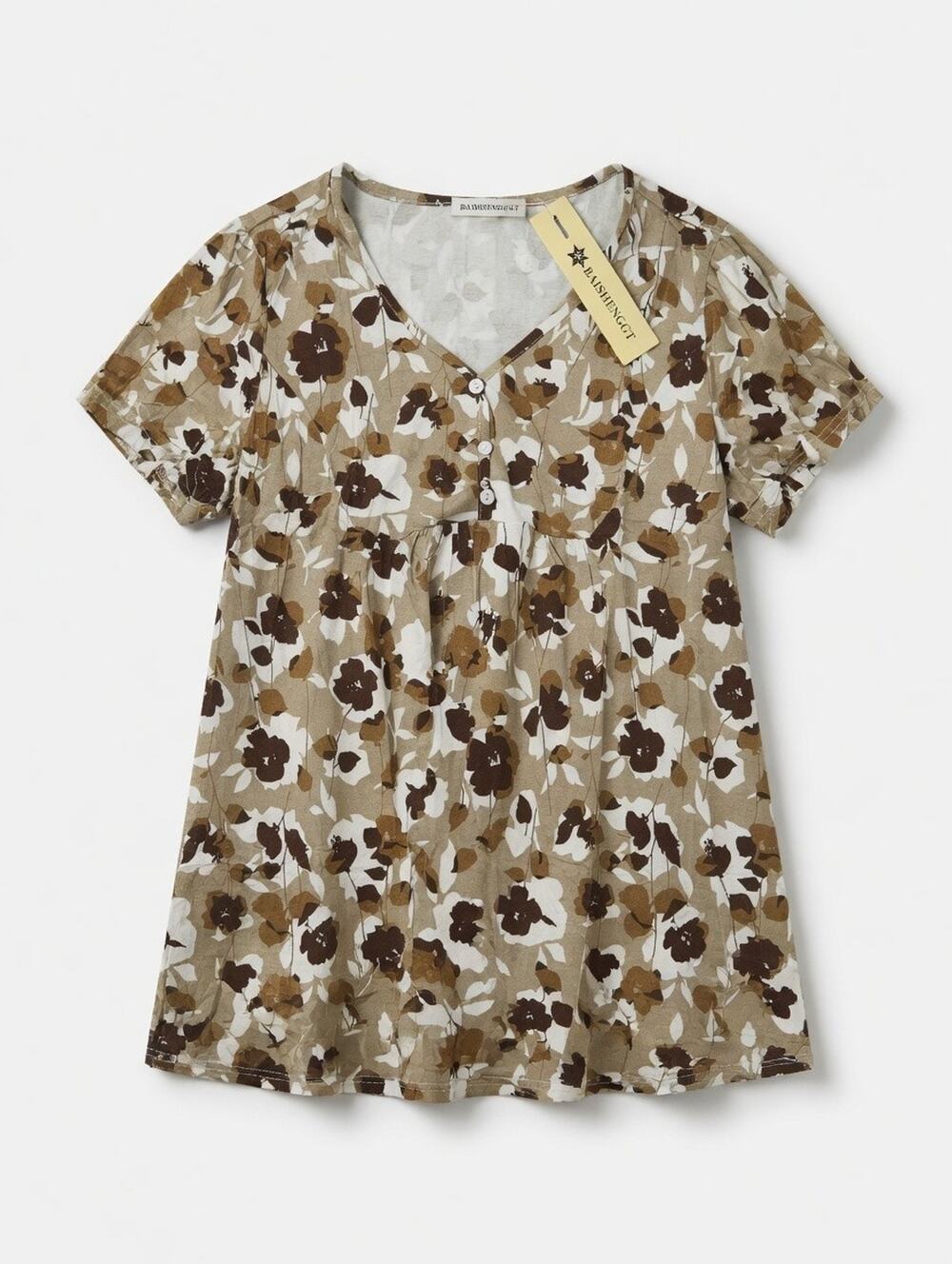 BAISHENGGT Women's Khaki Floral Tunic Shirt – Size XL